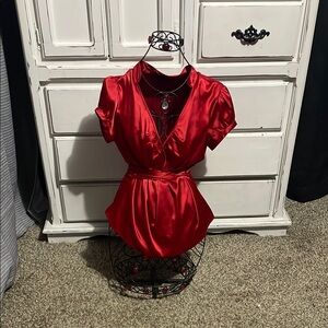 Express Red Wrap Polo Blouse Short Sleeve